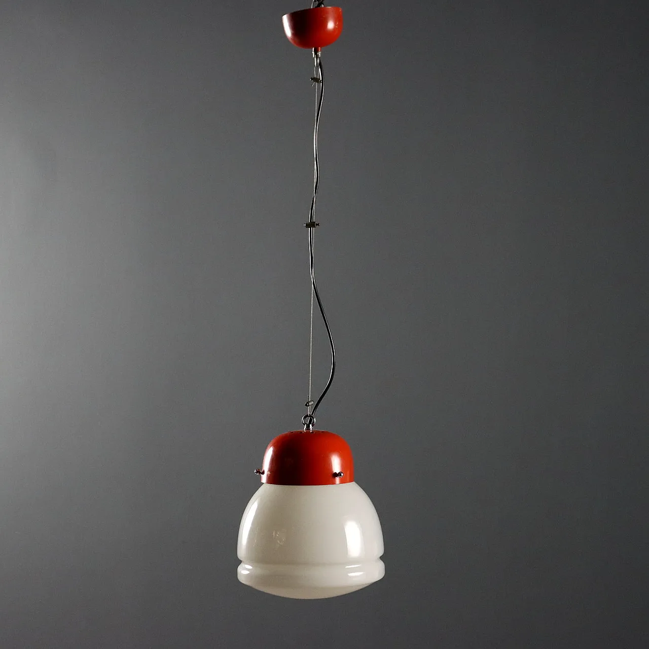 Red enameled aluminum chandelier and glass diffuser, 20th century 6