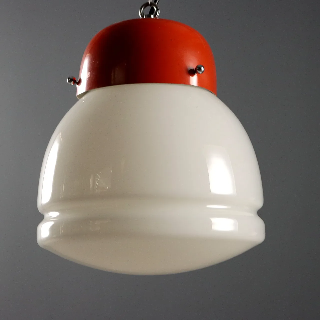 Red enameled aluminum chandelier and glass diffuser, 20th century 7
