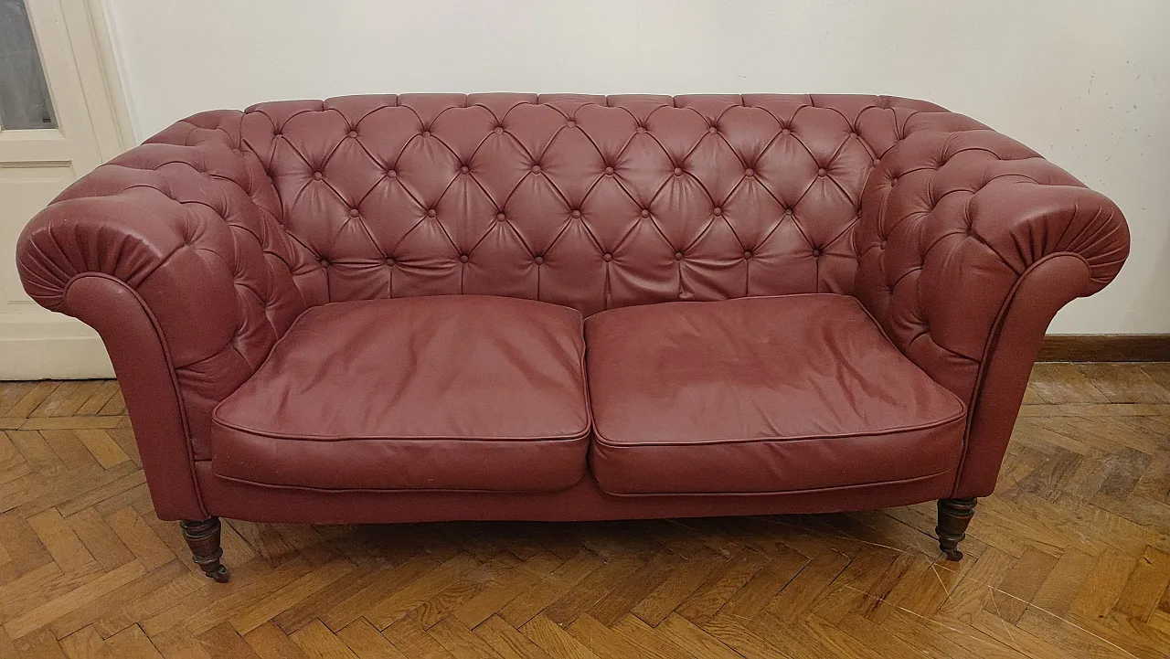 Chesterfield  sofa 2 seats in red leather, 70s 6