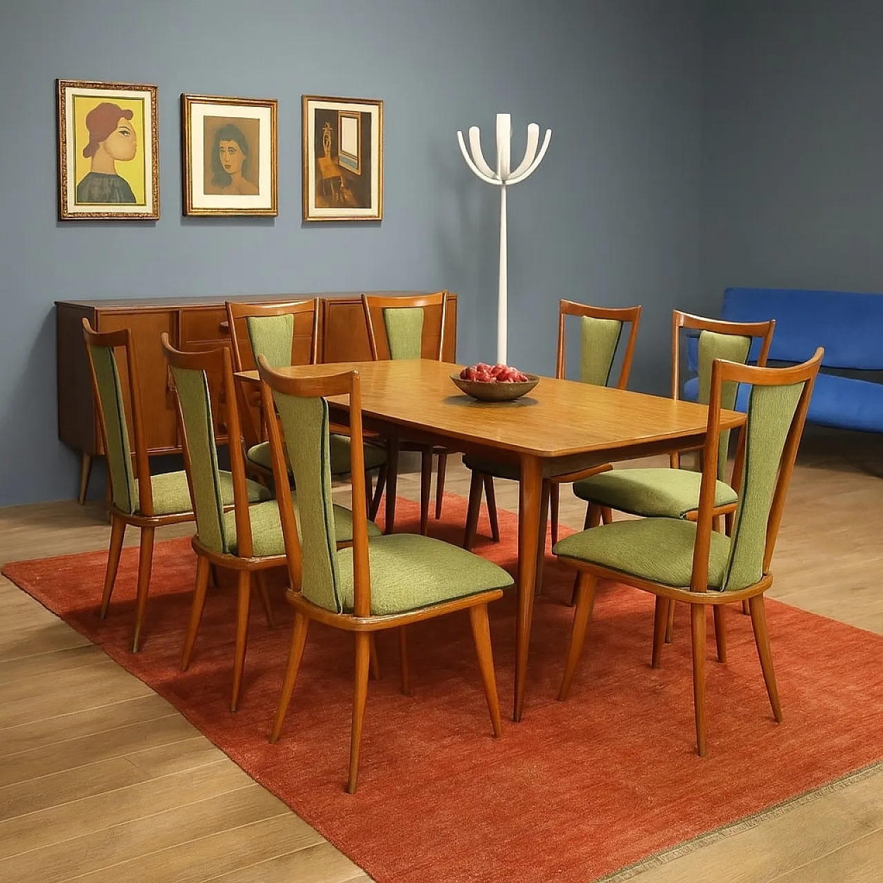 8 Dining chairs in wood and fabric, 20th century 2