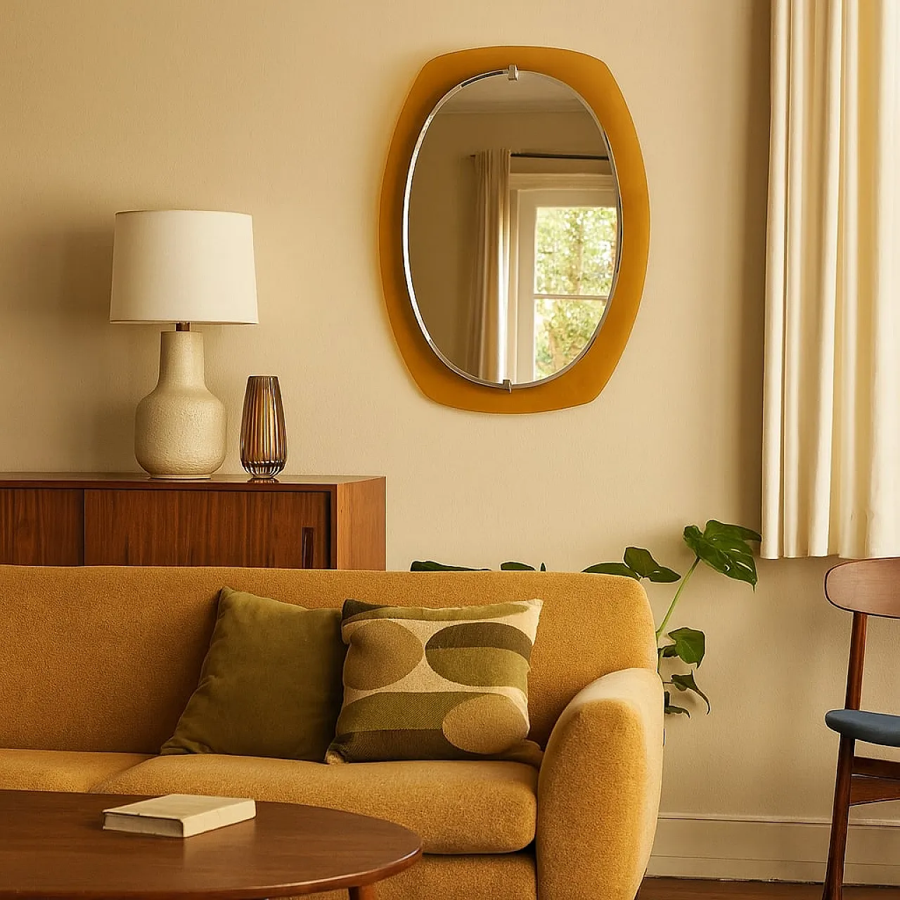 Specchio da parete ovale con cornice in vetro, anni '60 2