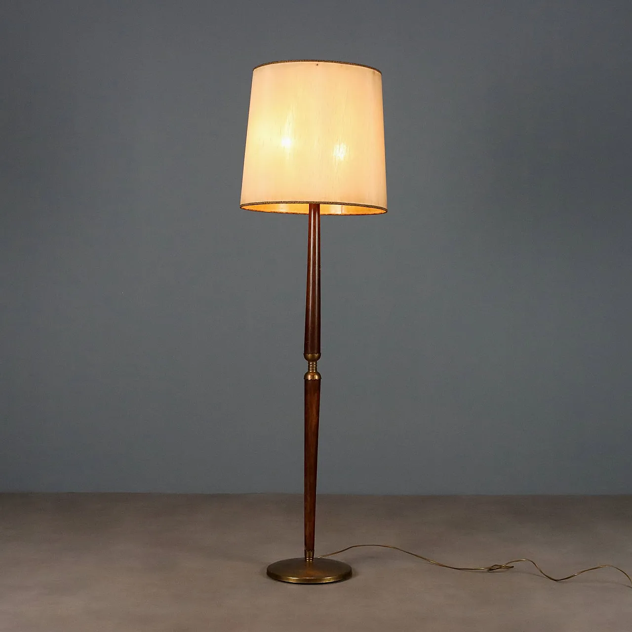 Stained wood lamp, brass, fabric/paper, 20th century 1