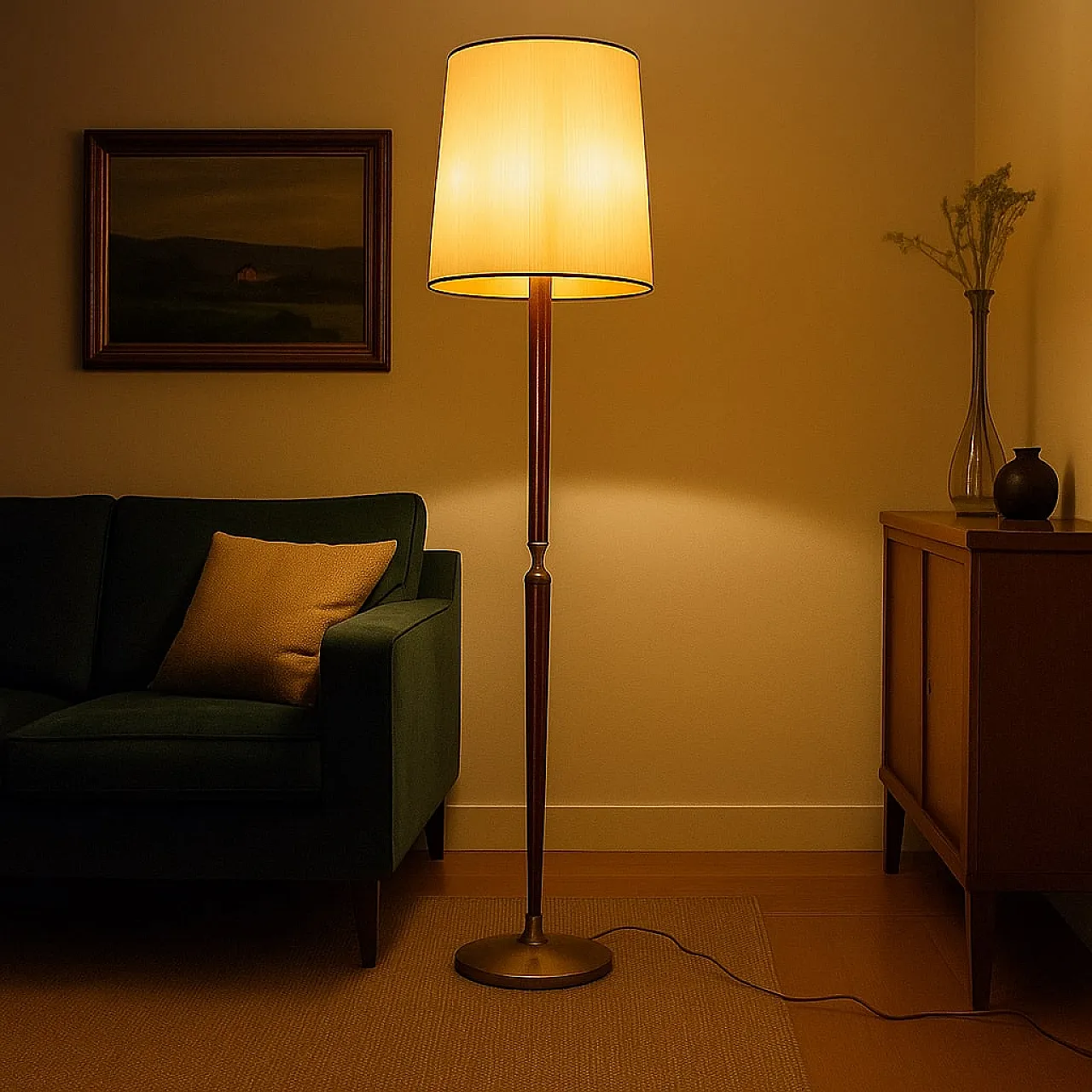 Stained wood lamp, brass, fabric/paper, 20th century 2