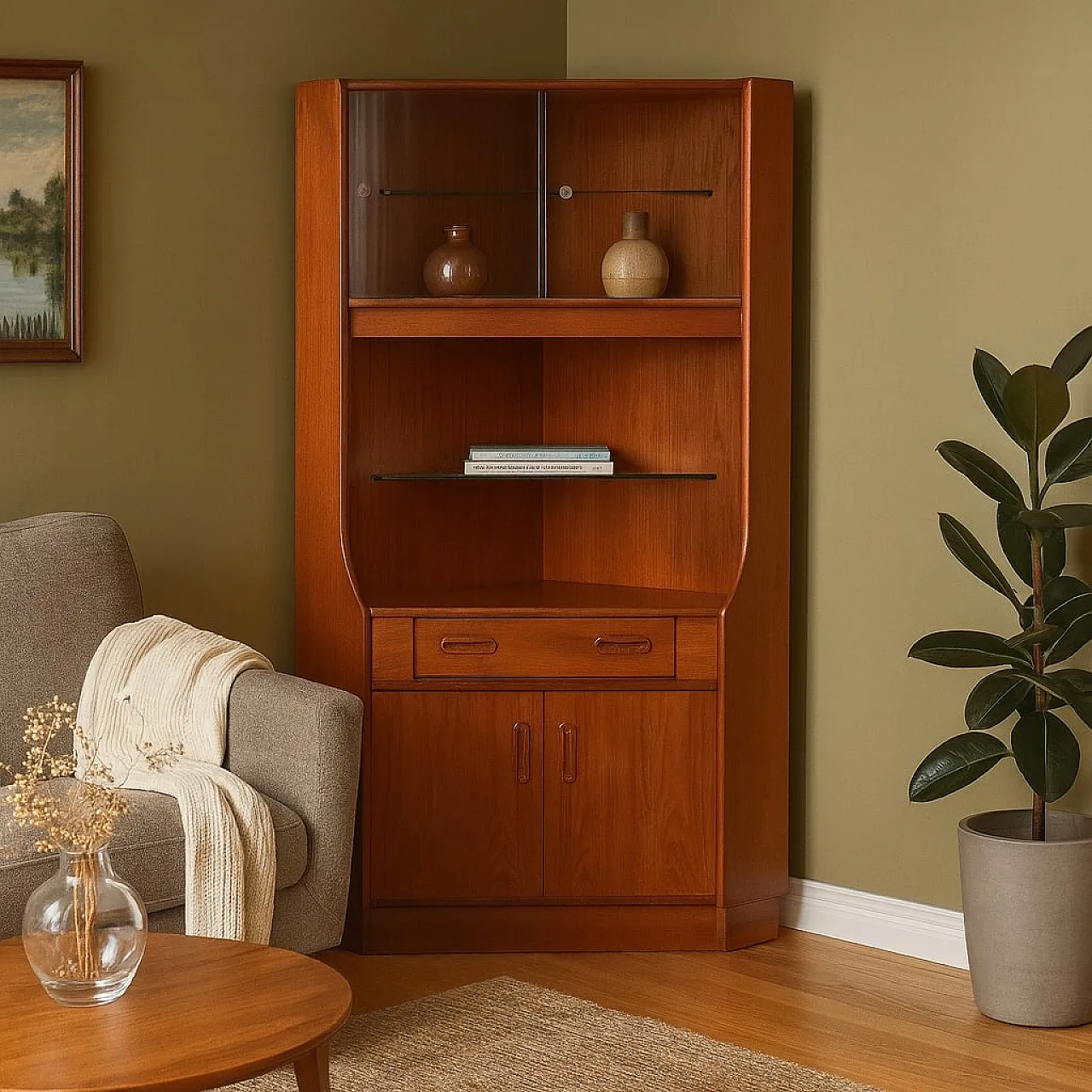 Corner unit in teak with open compartments, 20th century 2