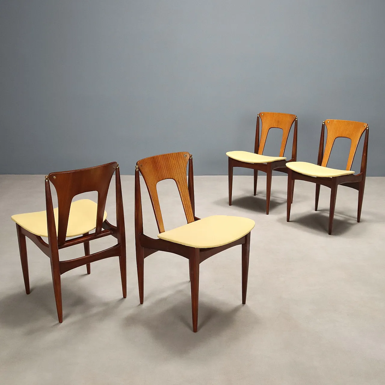 4 dining chairs in wood and yellow fabric, 20th century 1