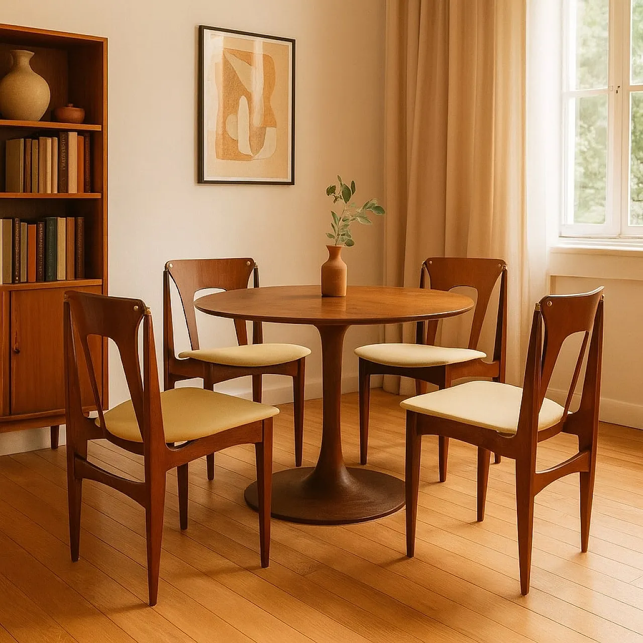 4 dining chairs in wood and yellow fabric, 20th century 2