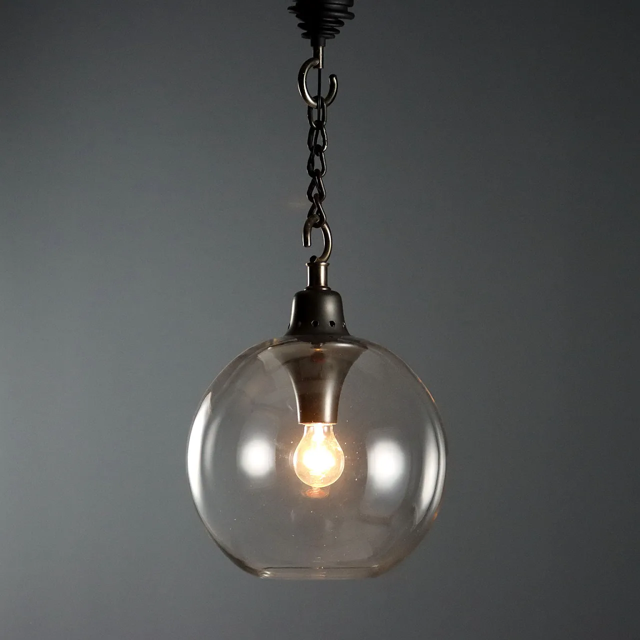 Lampada da soffitto, ottone brunito e vetro, '900 1