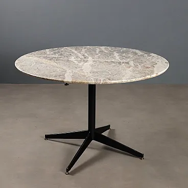 Enameled metal table, brass feet and marble top, 20th century