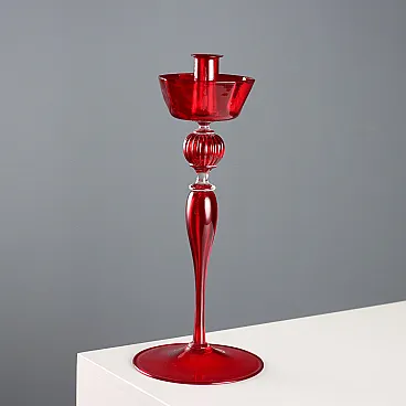 Red Murano glass candlestick with drip tray, 20th century