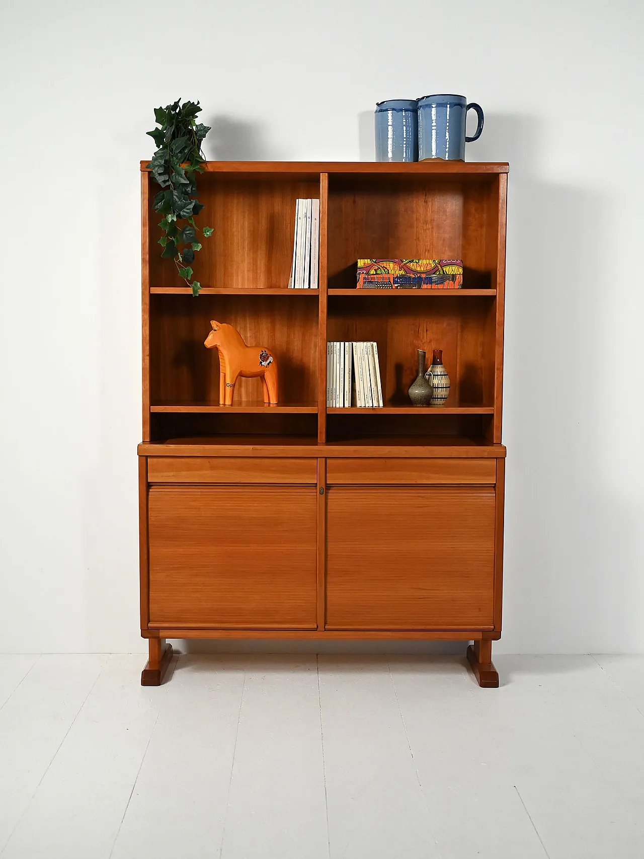 Scandinavian bookcase with sideboard and exposed shelves, 1940s/50s 1