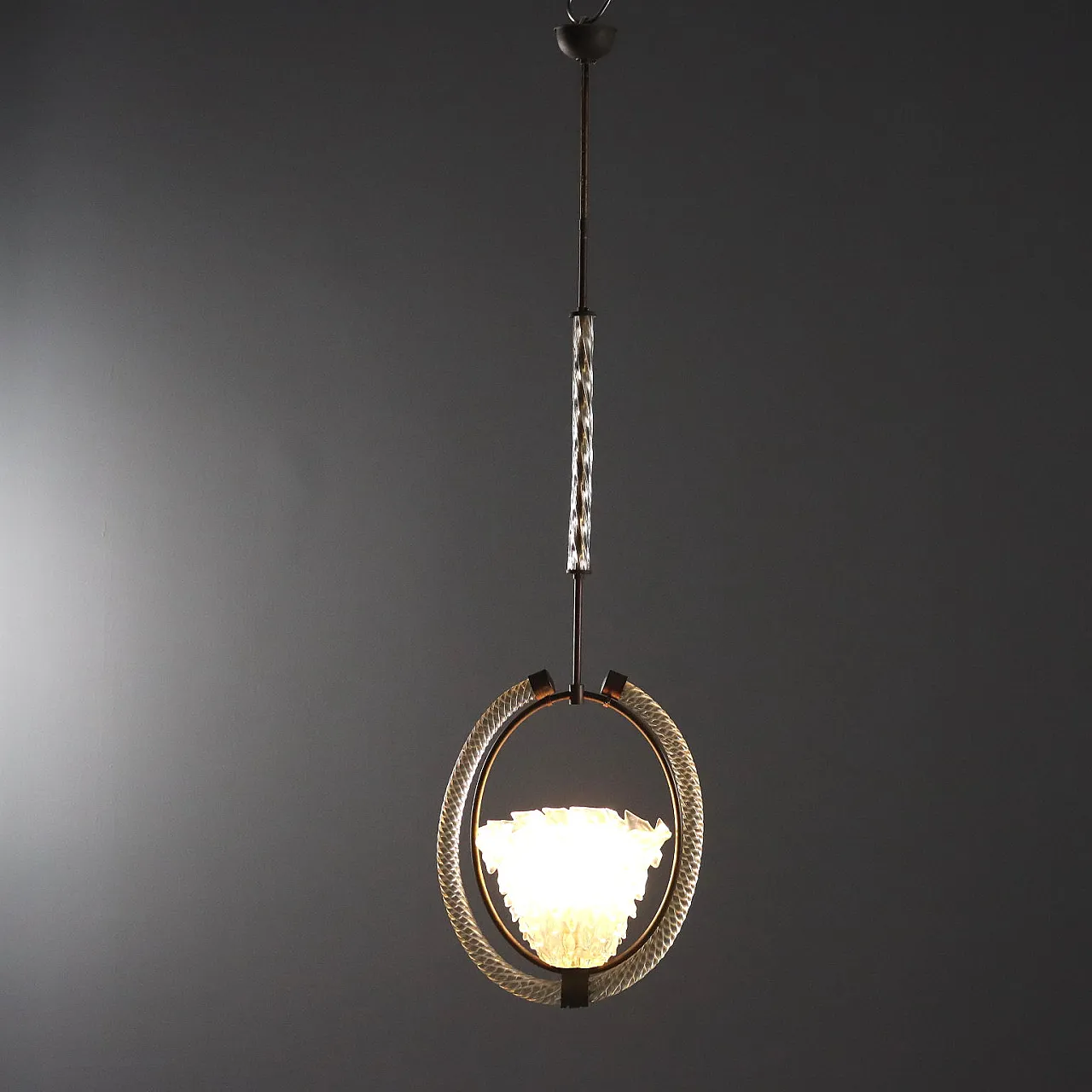 Lampadario in vetro di Murano con struttura in ottone, '900 1