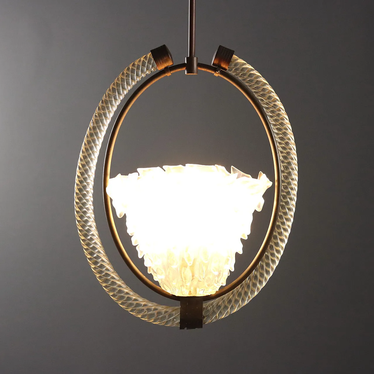Lampadario in vetro di Murano con struttura in ottone, '900 4