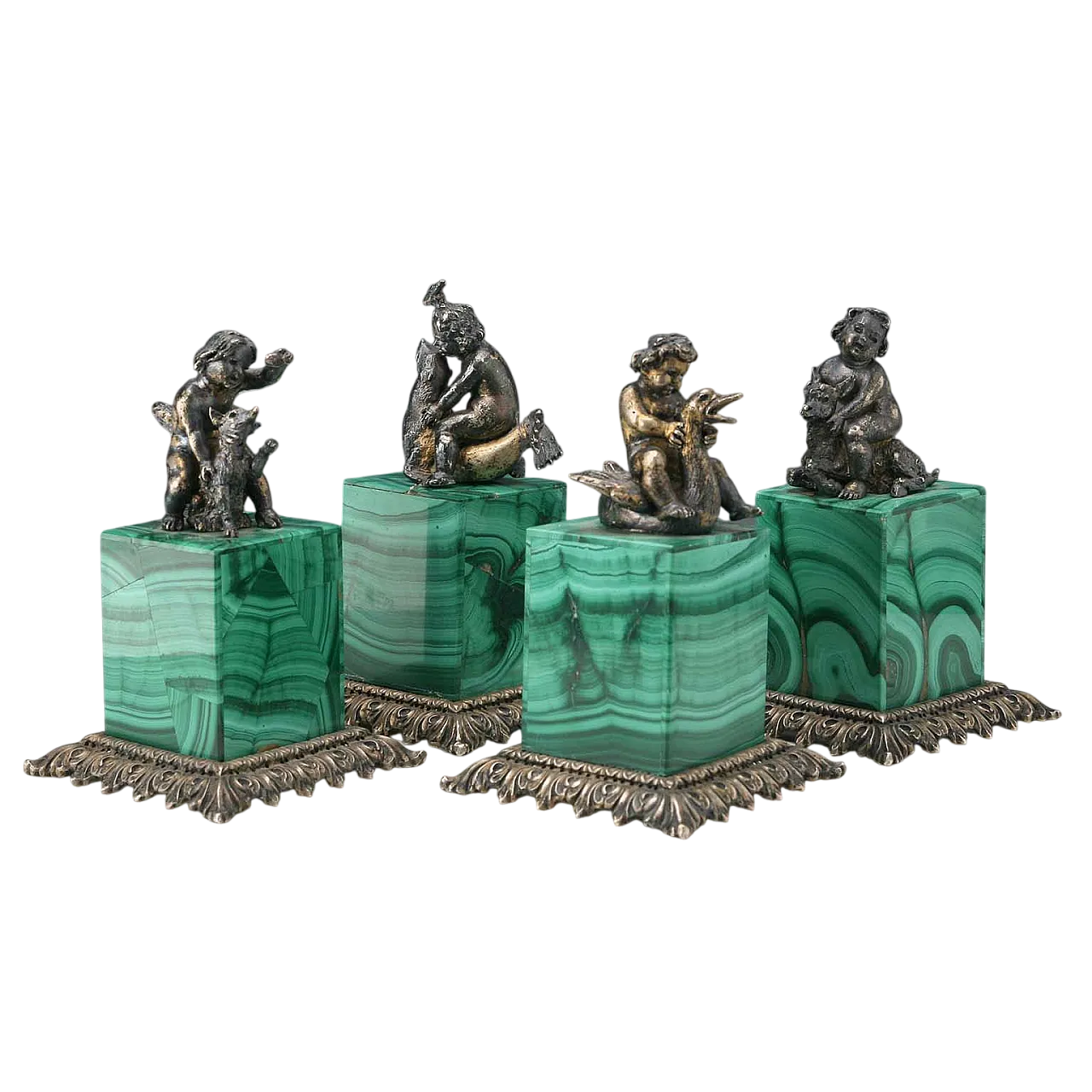 4 Sculture in argento scene giocose di bambini con animali, '900 11