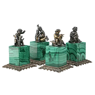 4 Sculture in argento scene giocose di bambini con animali, '900