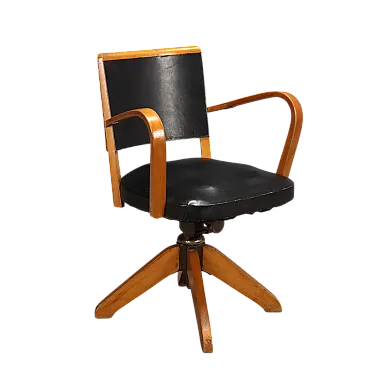 Black wood and faux leather swivel chair, 20th century
