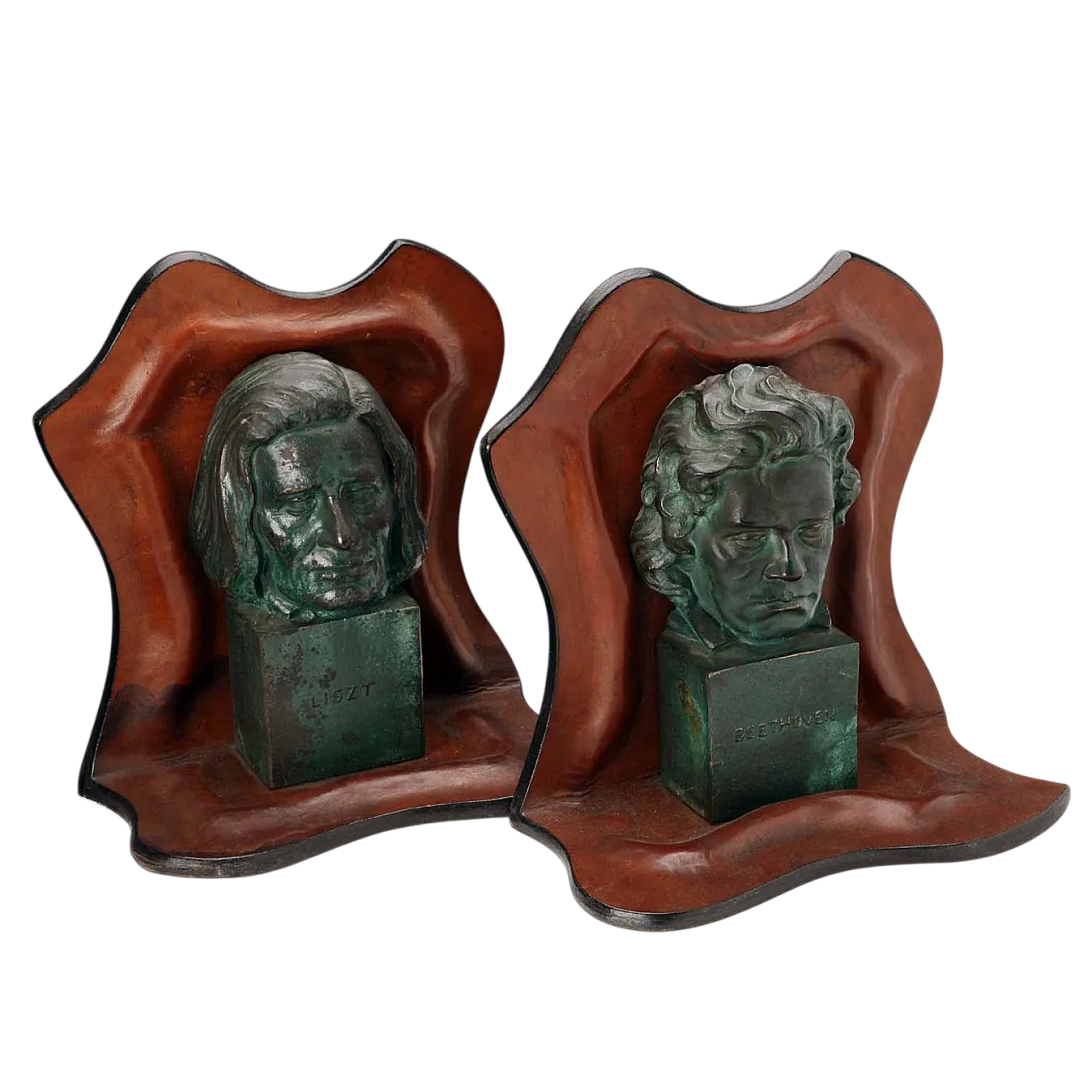 Pair of leather bookends with bronze sculptures, 20th century 10