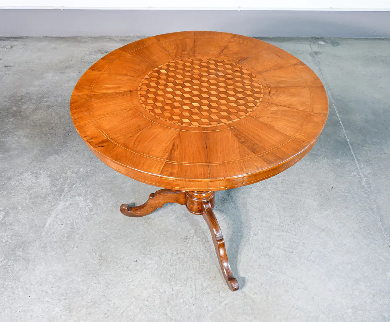 Round coffee table by Rolo in veneered and inlaid wood, 19th century 2