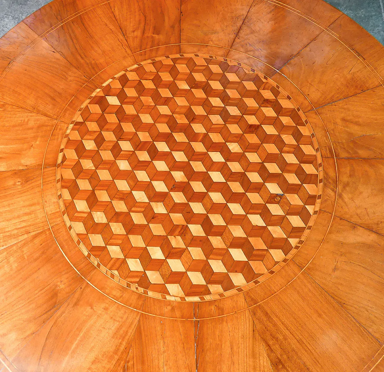 Round coffee table by Rolo in veneered and inlaid wood, 19th century 3
