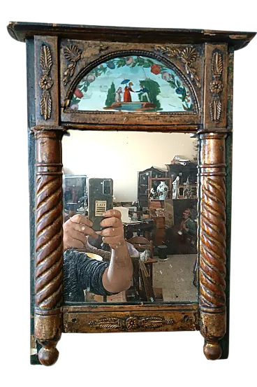 Piccola specchiera Impero in legno dorato dipinto su vetro, '800