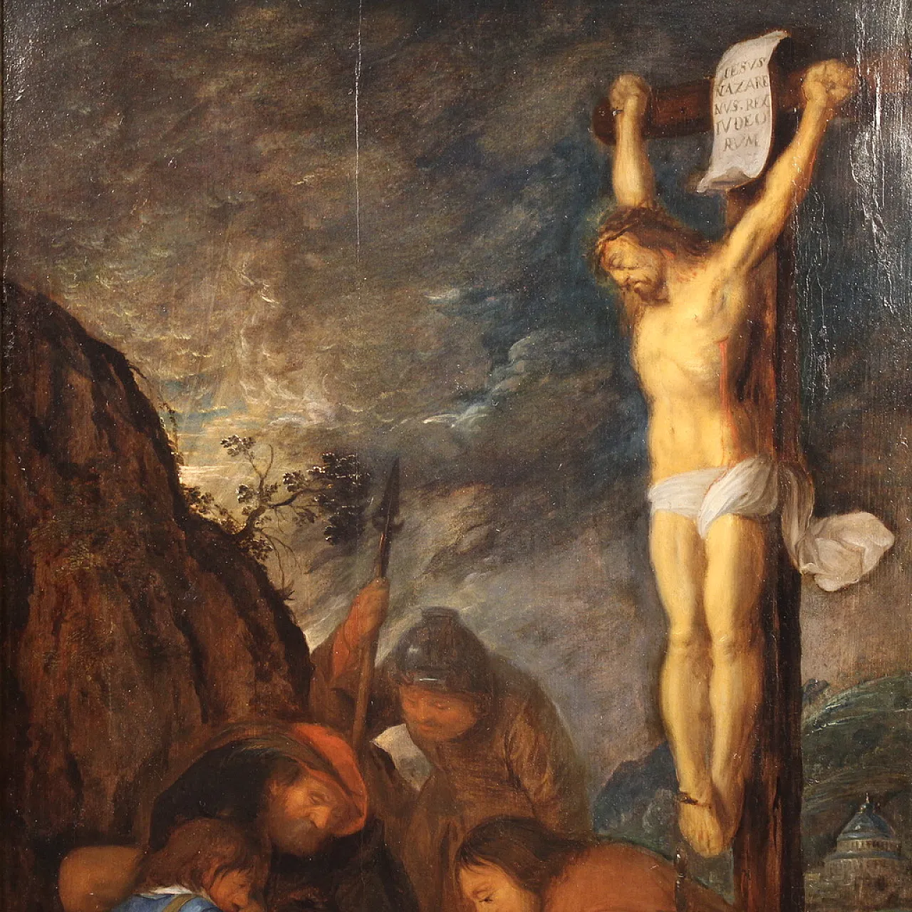 Flemish panel crucifixion with soldiers, 17th century 3