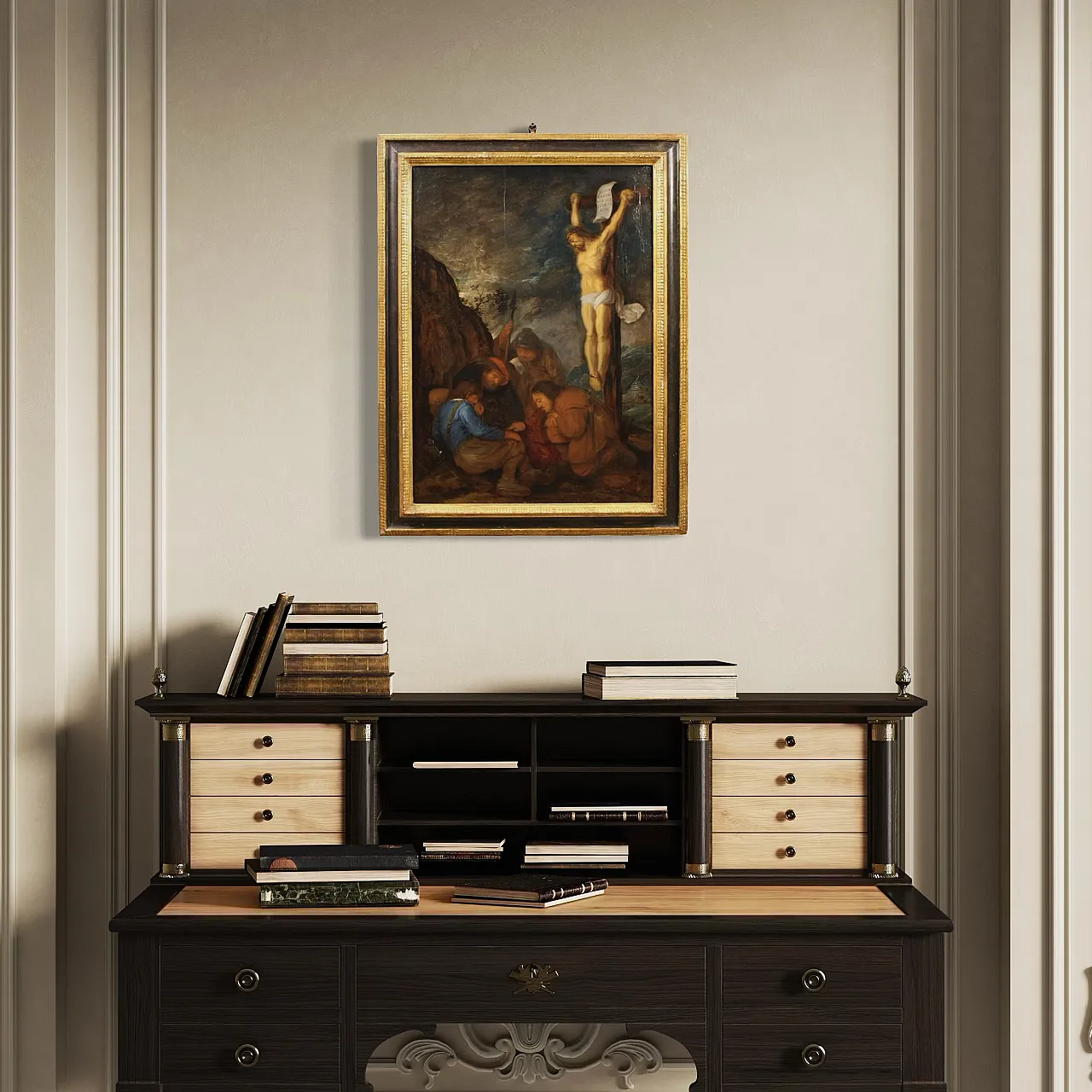 Flemish panel crucifixion with soldiers, 17th century 9