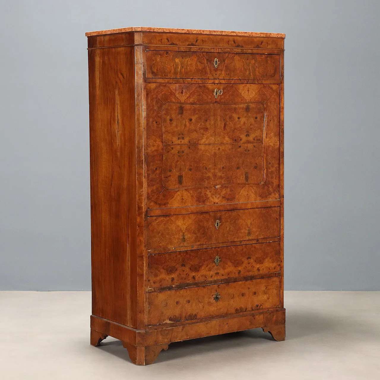 Secretaire Biedermeier in radica di noce, metà '800 1