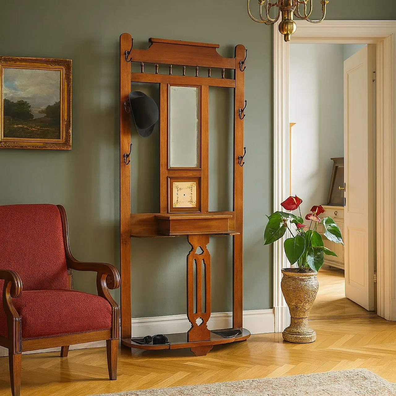 Appendiabiti in stile liberty in mogano con specchio, primo '900 2