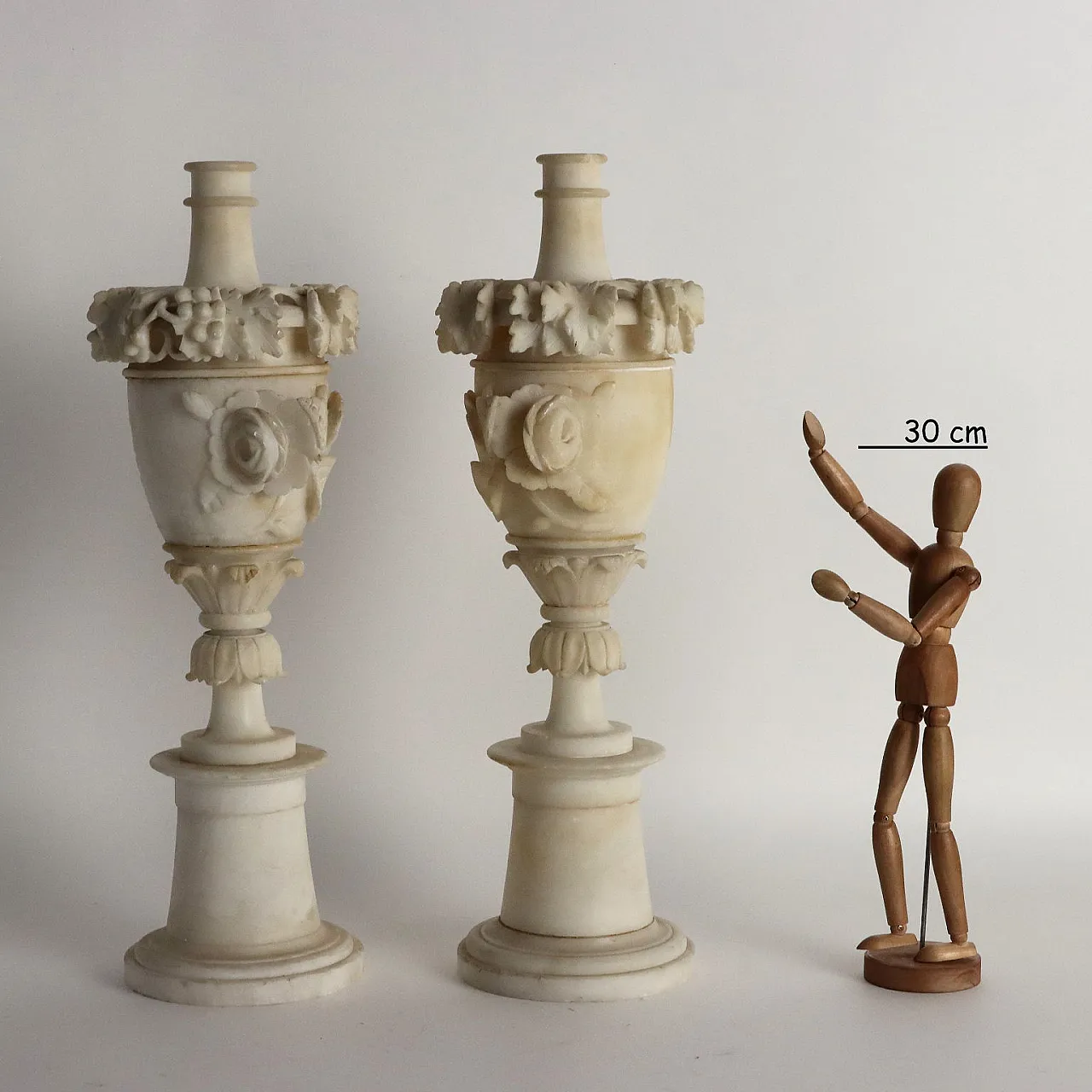 Pair of alabaster candelabra with flowers & leafs 19th century 2