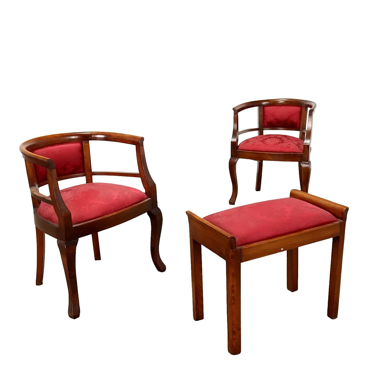Pair of beech gondola armchairs with ottoman, 19th century 1