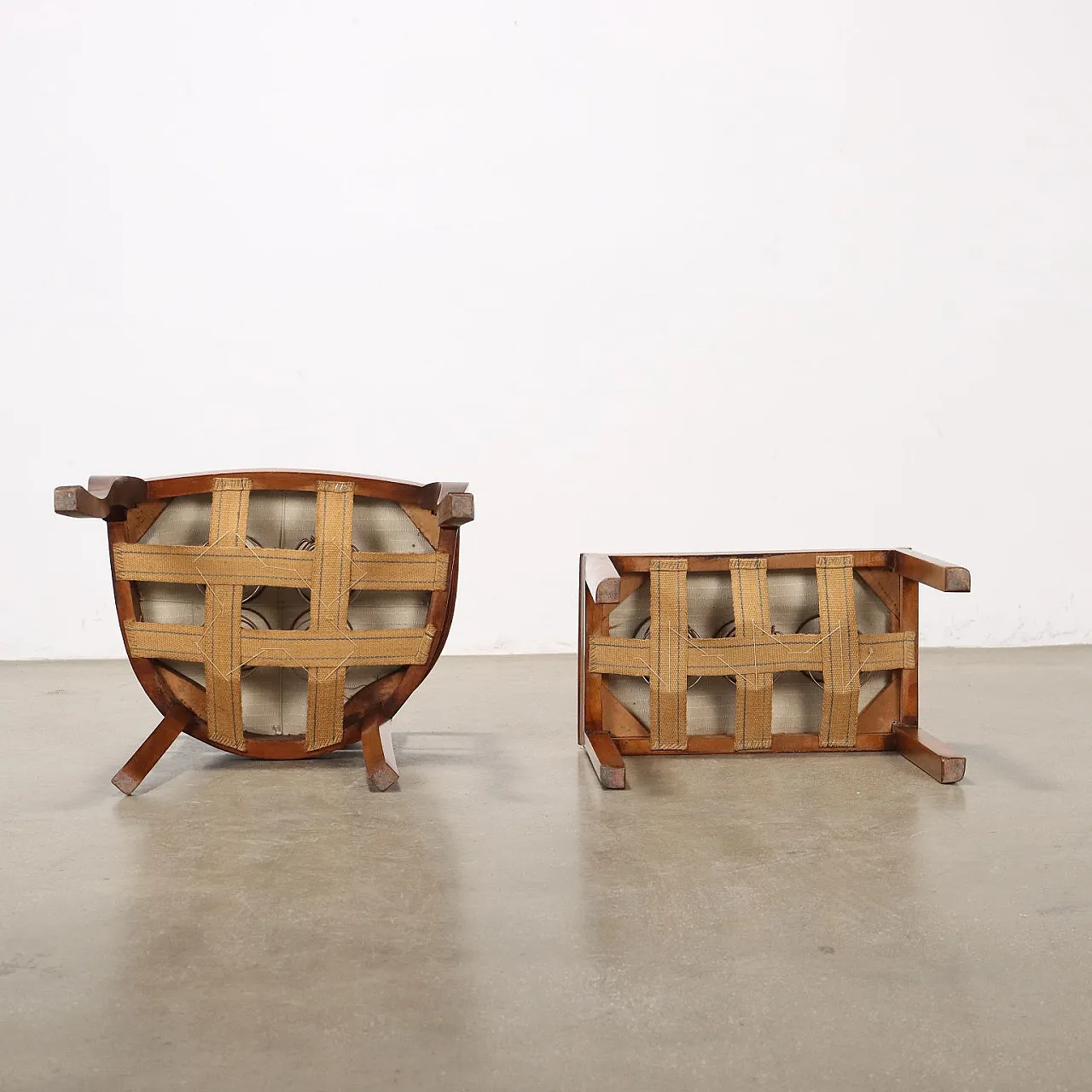 Pair of beech gondola armchairs with ottoman, 19th century 10