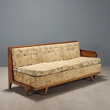 Divano letto in noce e tessuto con portariviste laterale, metà '900