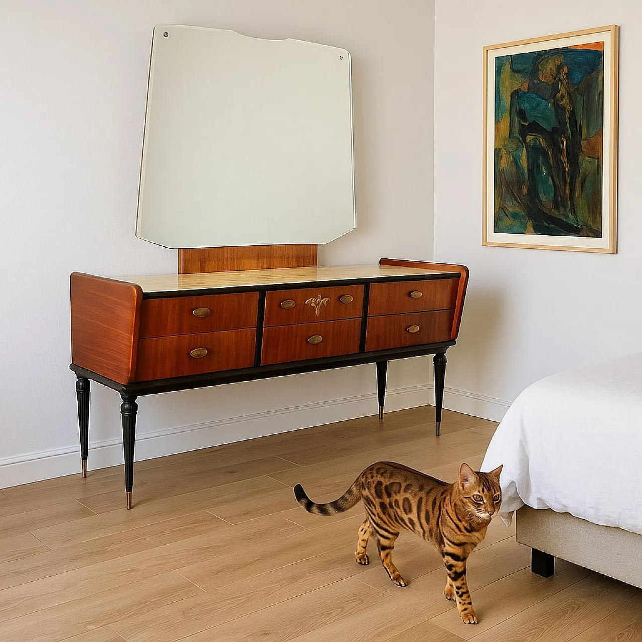 Comò in legno esotico impiallacciato con piano in vetro e specchio, anni '50 2