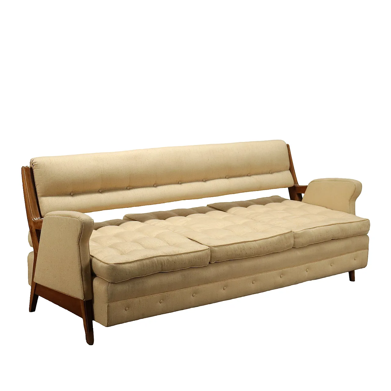 Three-seater sofa with wooden frame and upholstery in capitonné fabric, 1960s 1