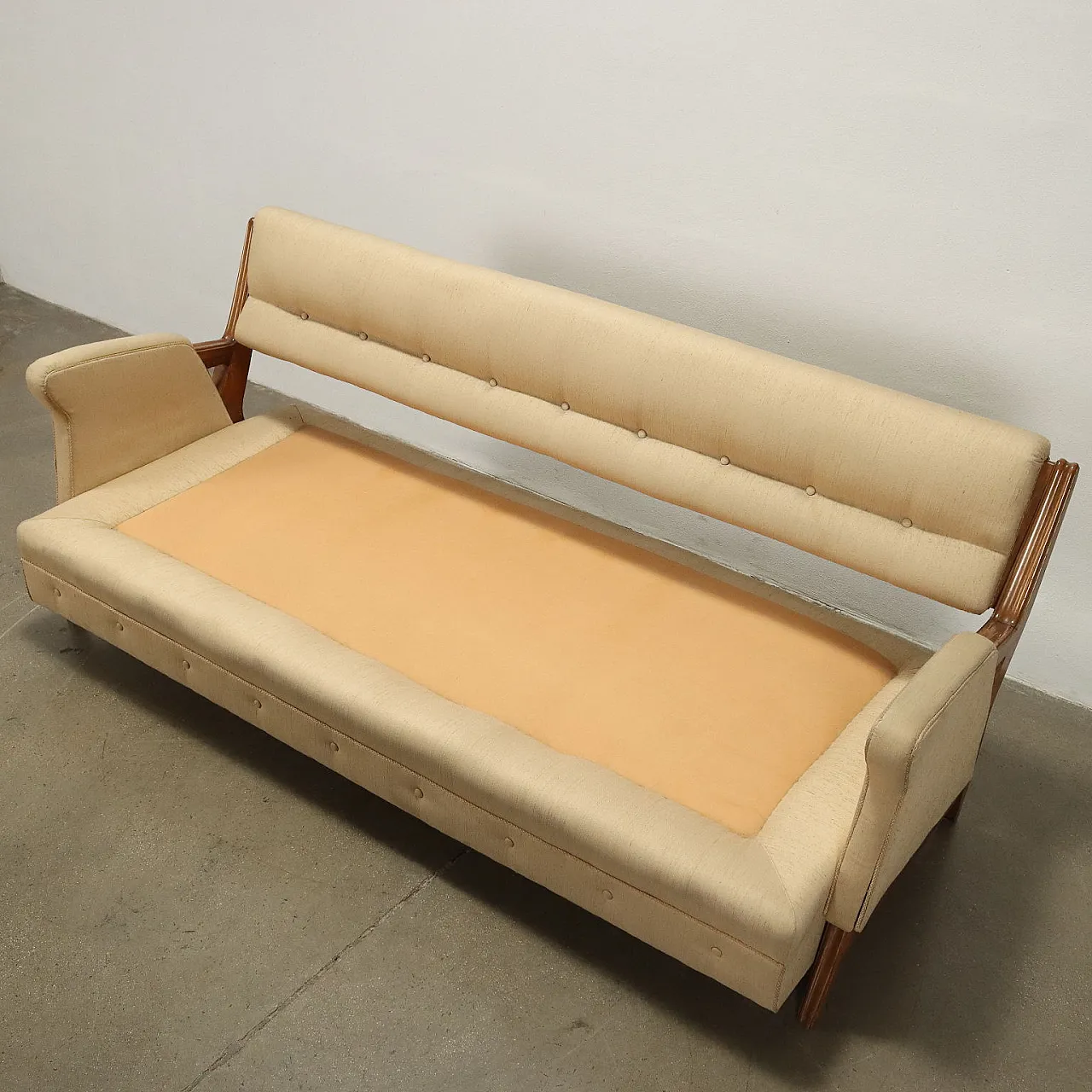 Three-seater sofa with wooden frame and upholstery in capitonné fabric, 1960s 9