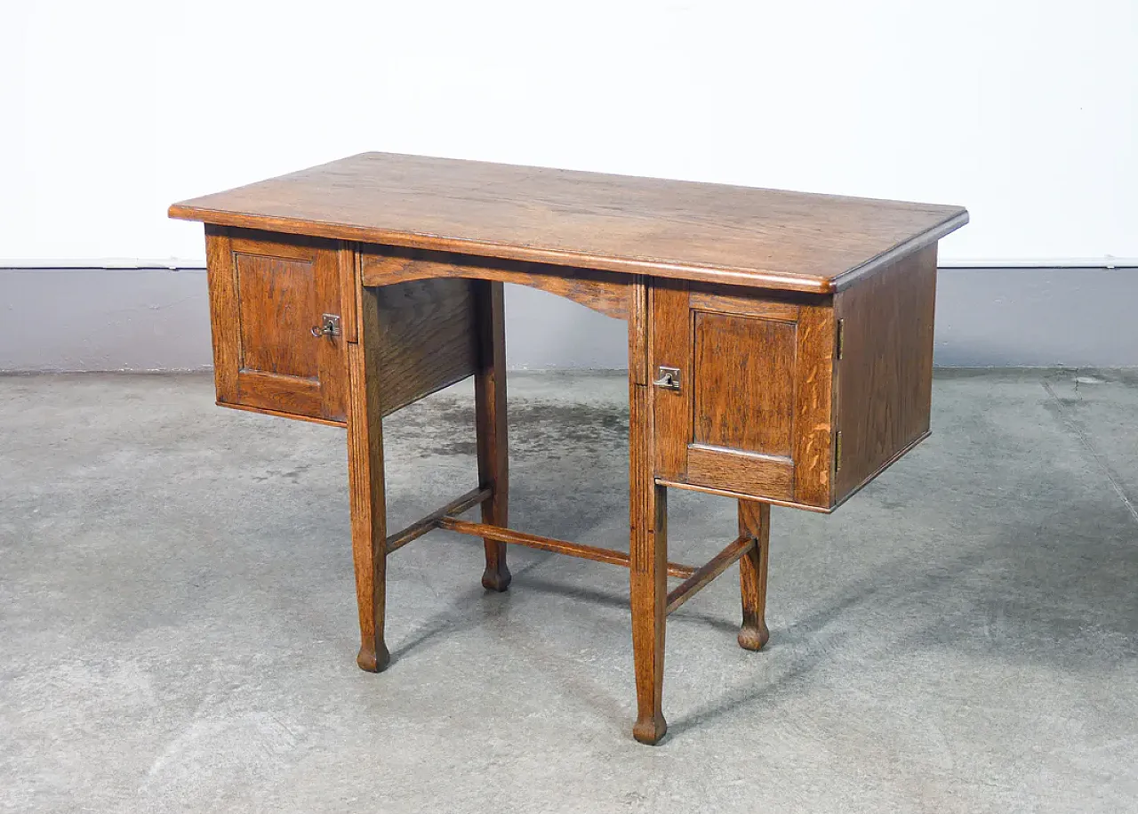 Scrivania Art Decò in legno di rovere, con due scomparti, primo '900 1