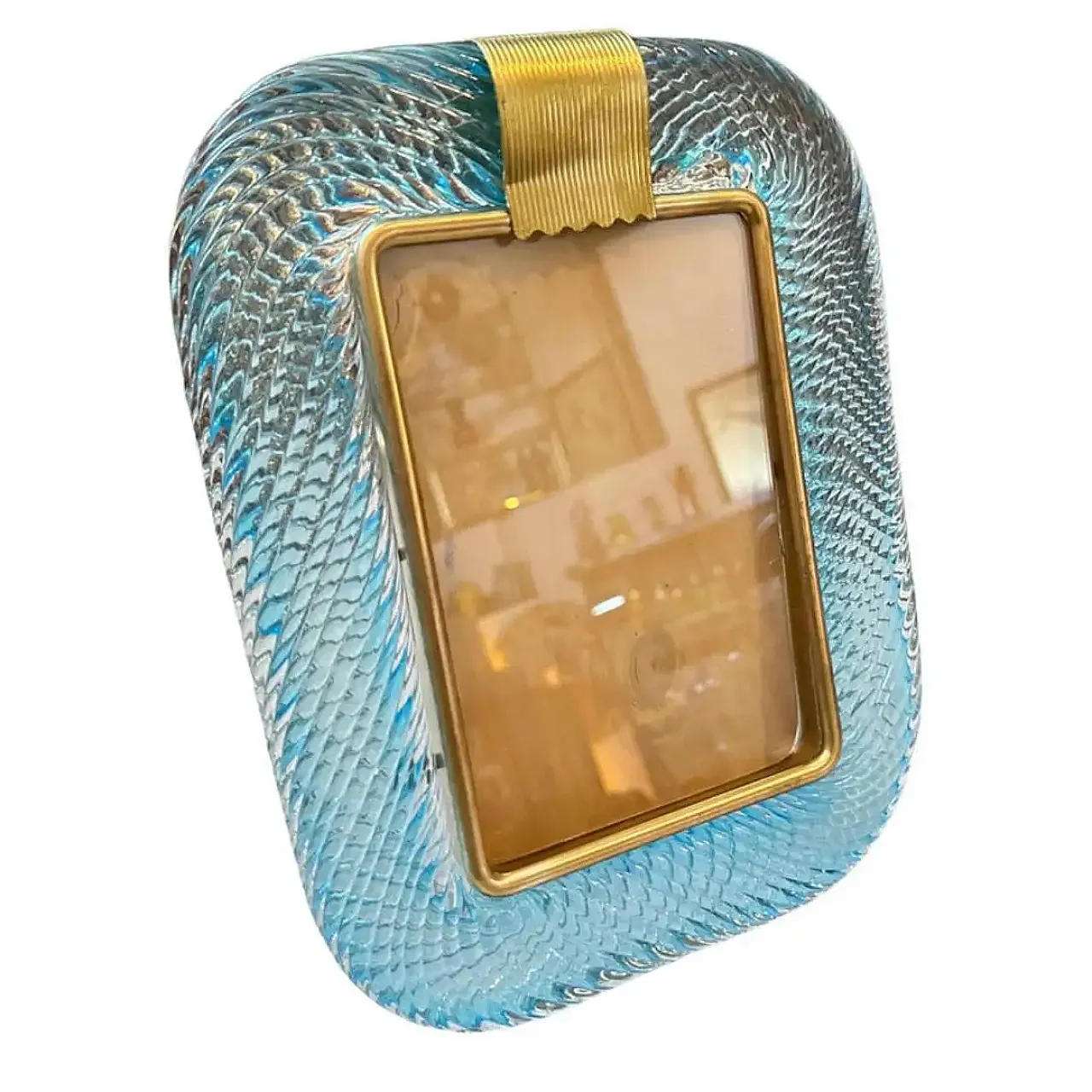 Barovier style turquoise Murano glass and brass picture frame, 1990s 1