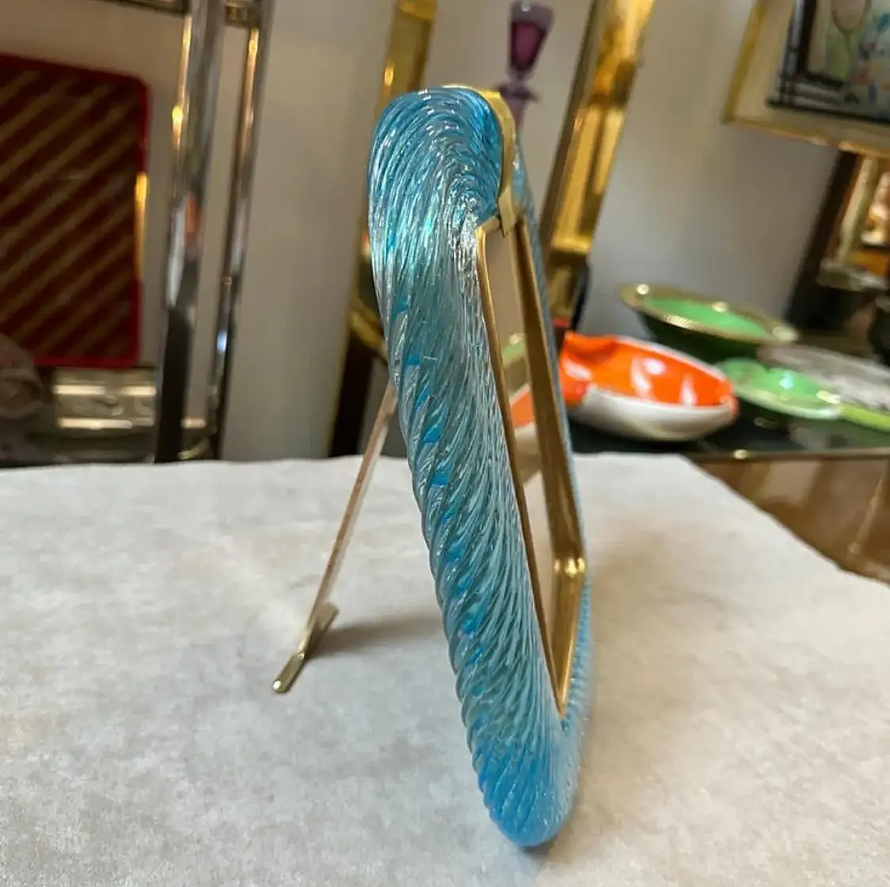 Barovier style turquoise Murano glass and brass picture frame, 1990s 2