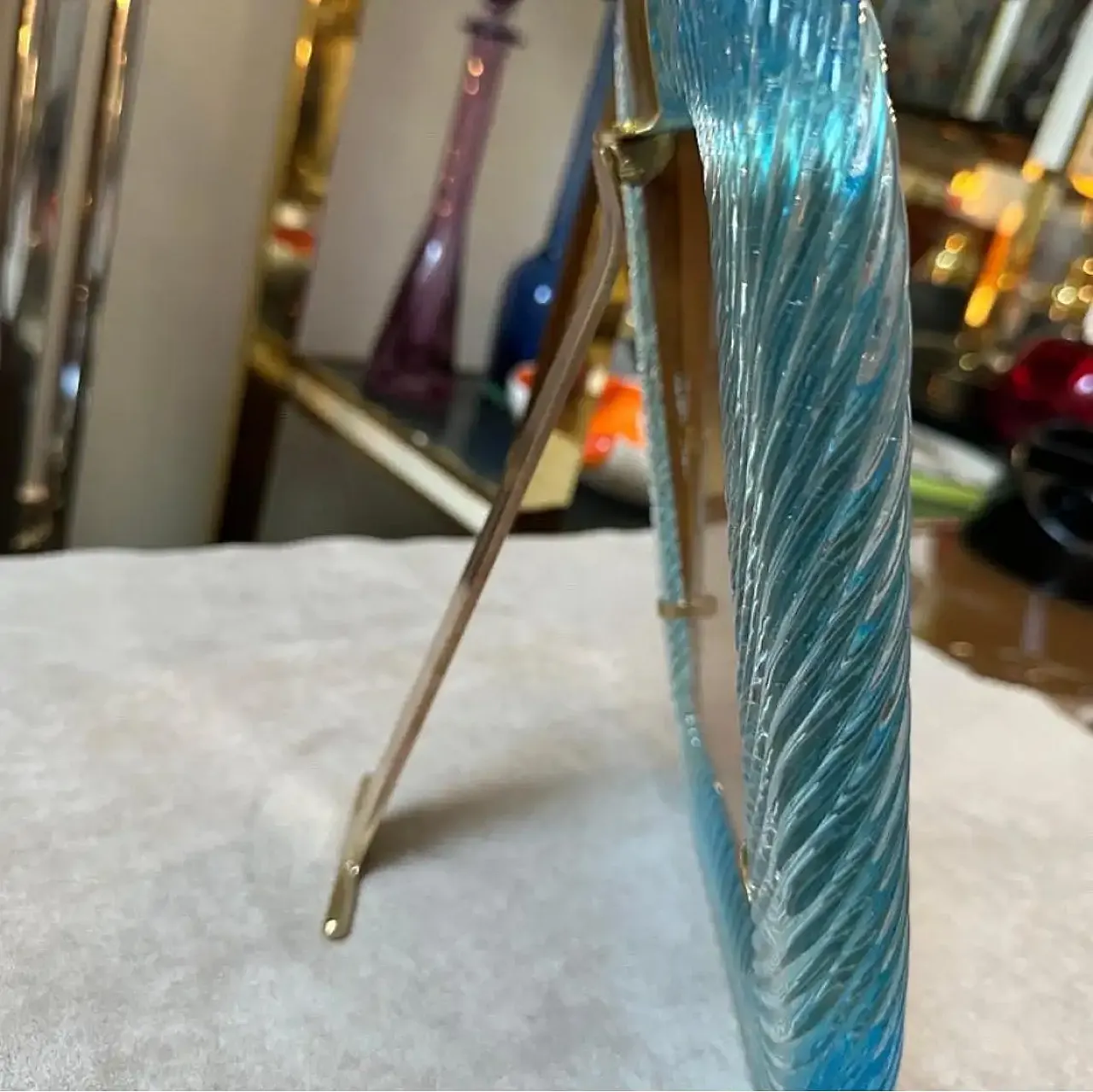 Barovier style turquoise Murano glass and brass picture frame, 1990s 3