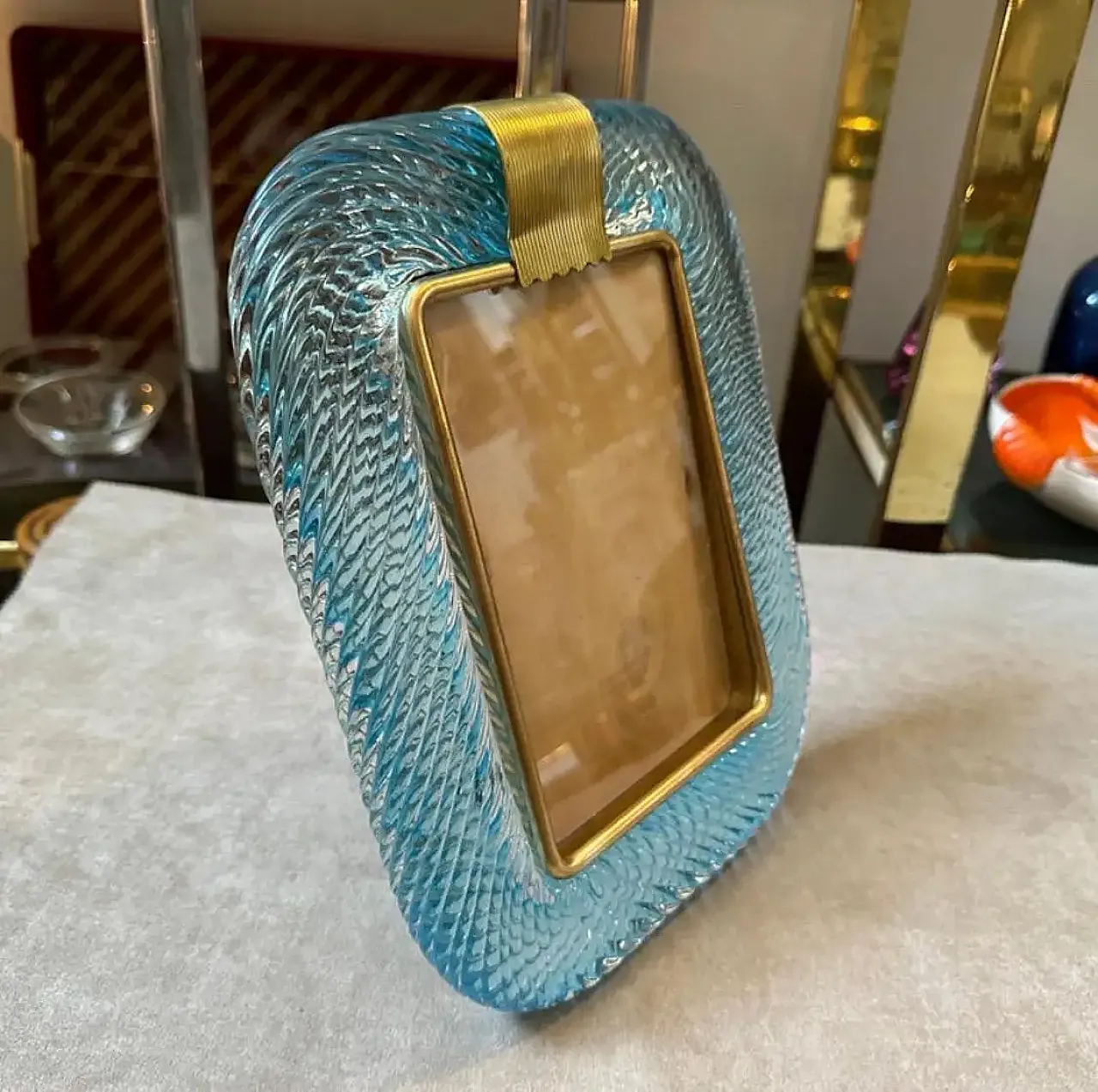 Barovier style turquoise Murano glass and brass picture frame, 1990s 4