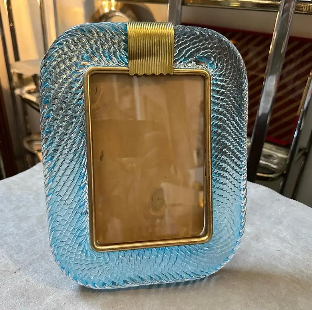 Barovier style turquoise Murano glass and brass picture frame, 1990s 5