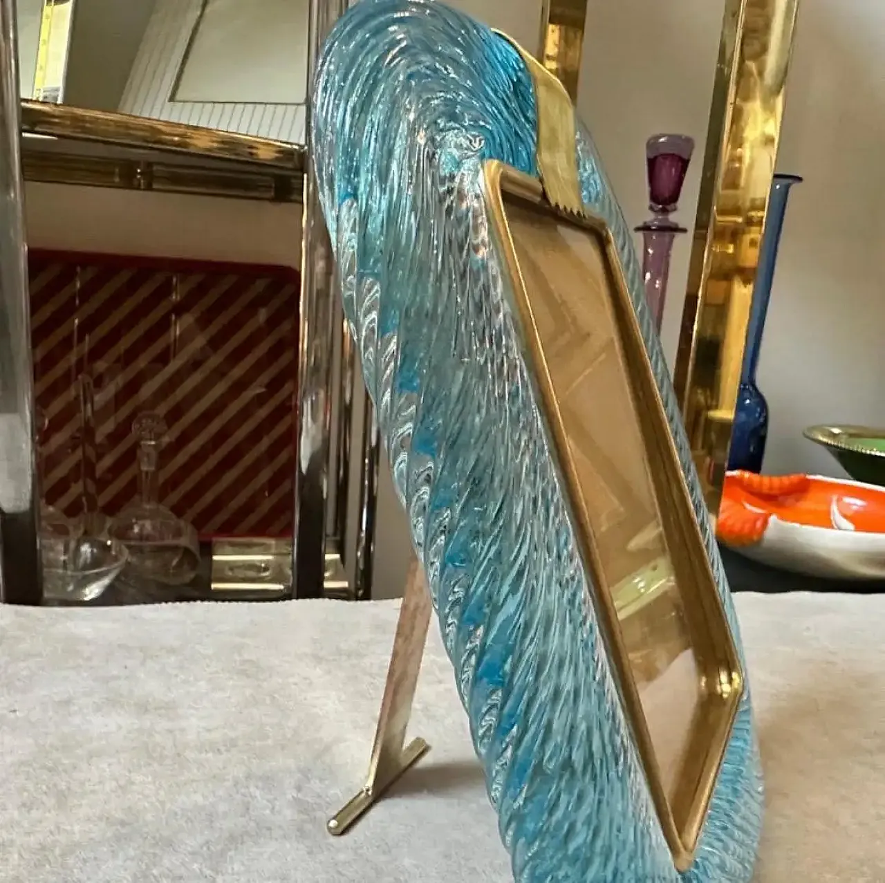 Barovier style turquoise Murano glass and brass picture frame, 1990s 6