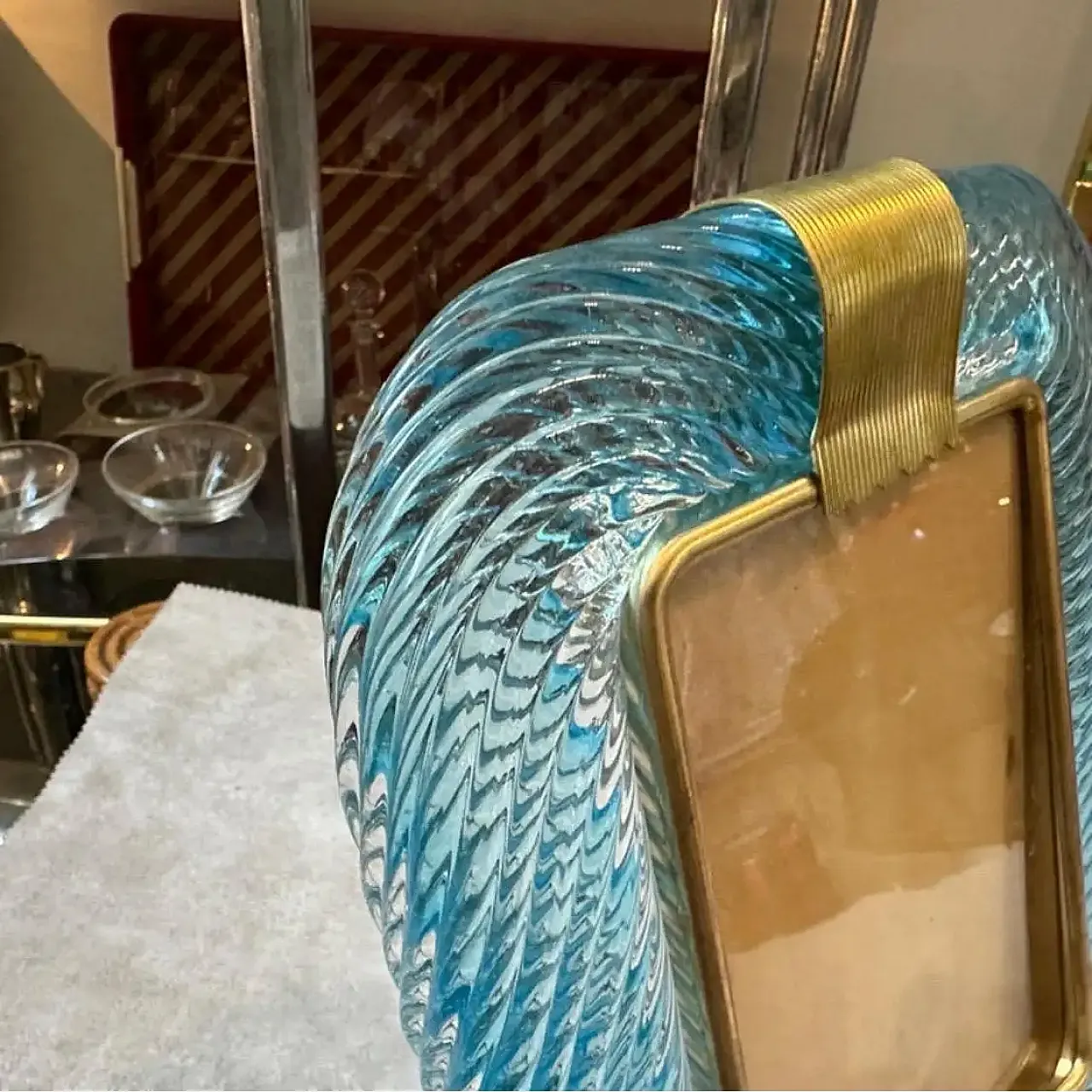 Barovier style turquoise Murano glass and brass picture frame, 1990s 8