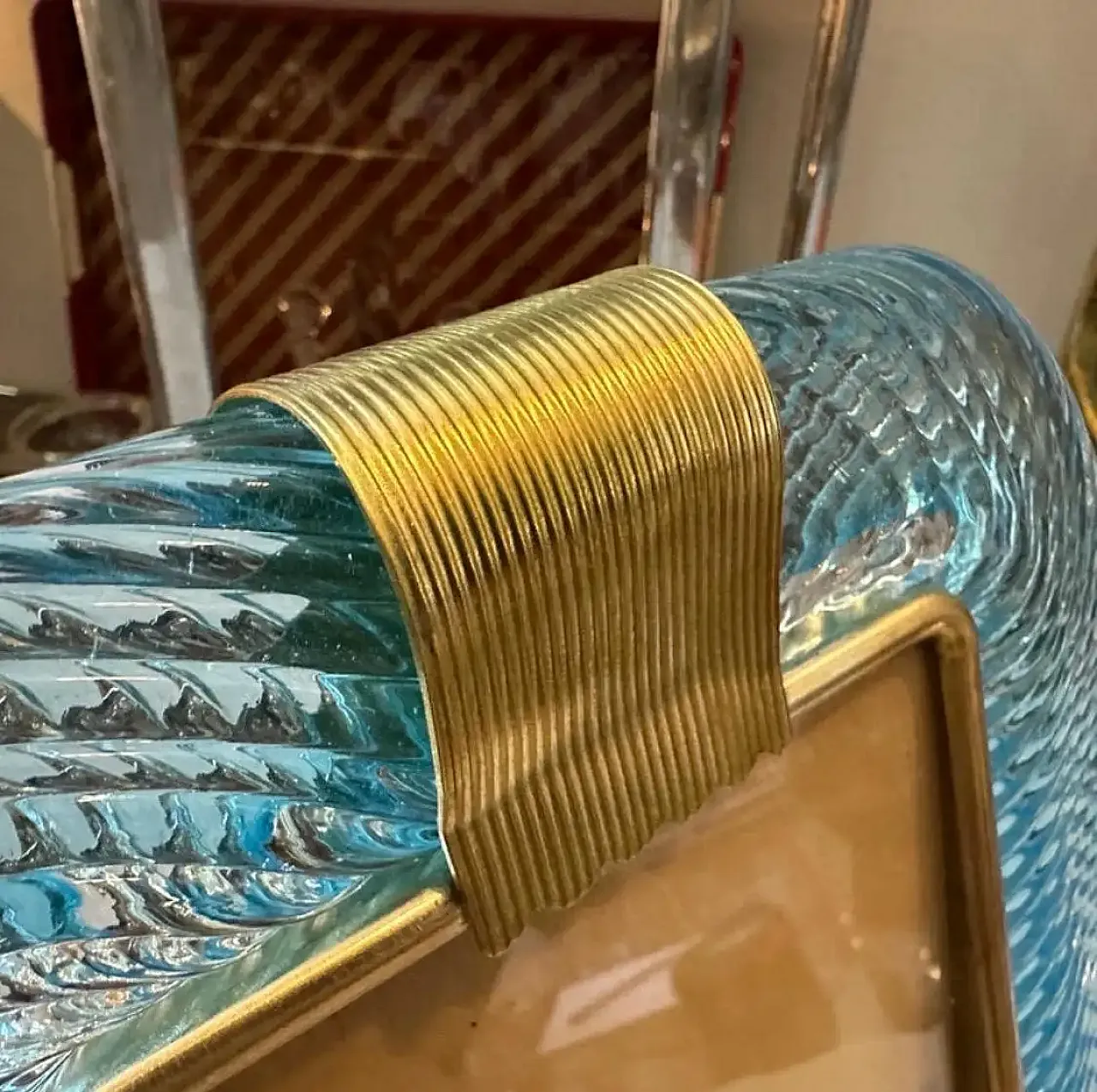 Barovier style turquoise Murano glass and brass picture frame, 1990s 9