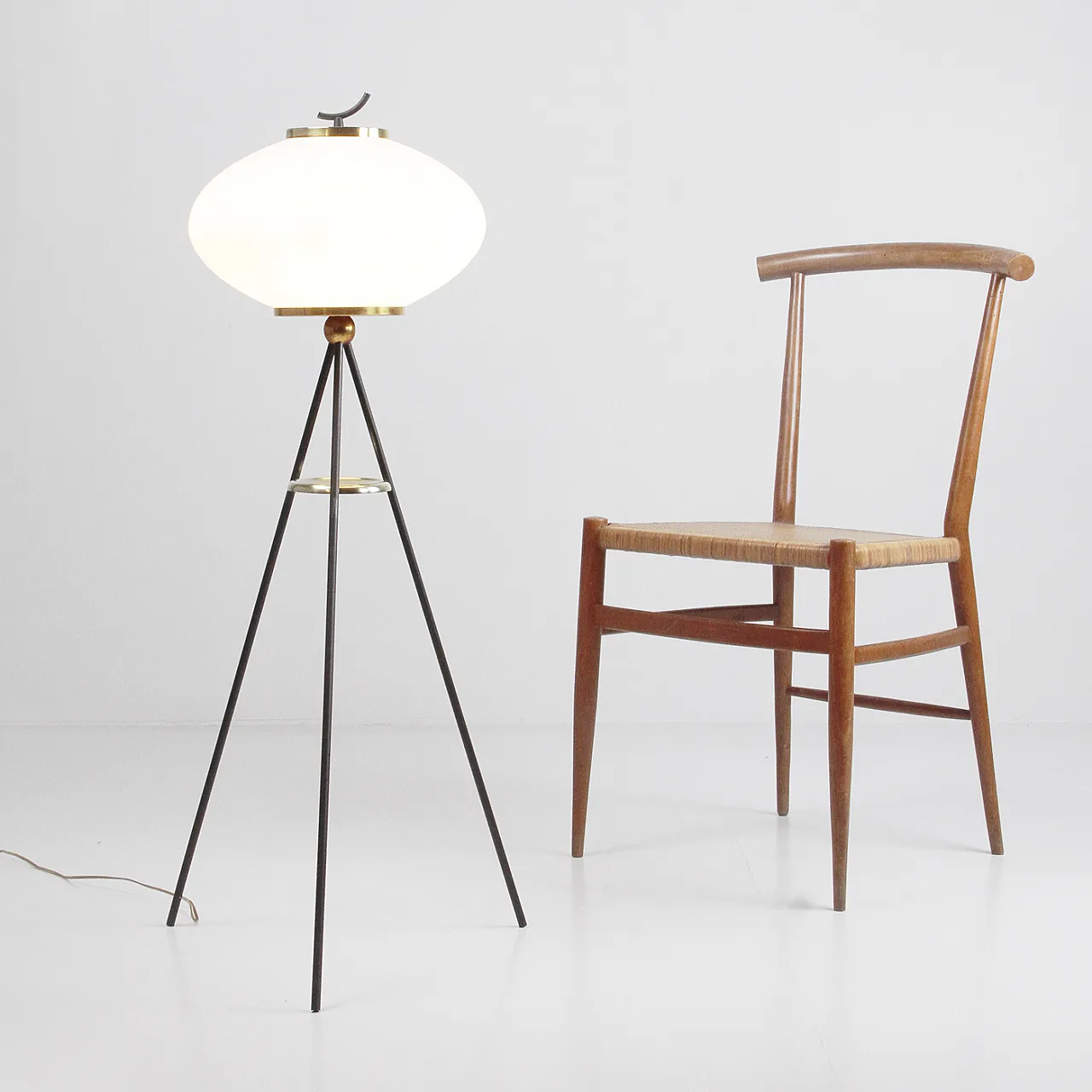 Stilnovo style opaline and brass glass floor lamp, 1950s 10