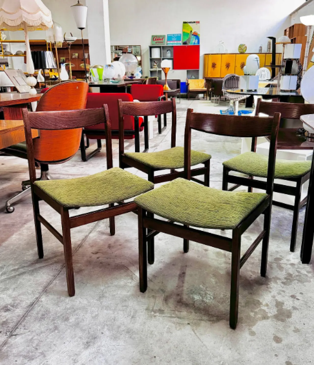 4 Sedie in legno e tessuto, anni '60 1