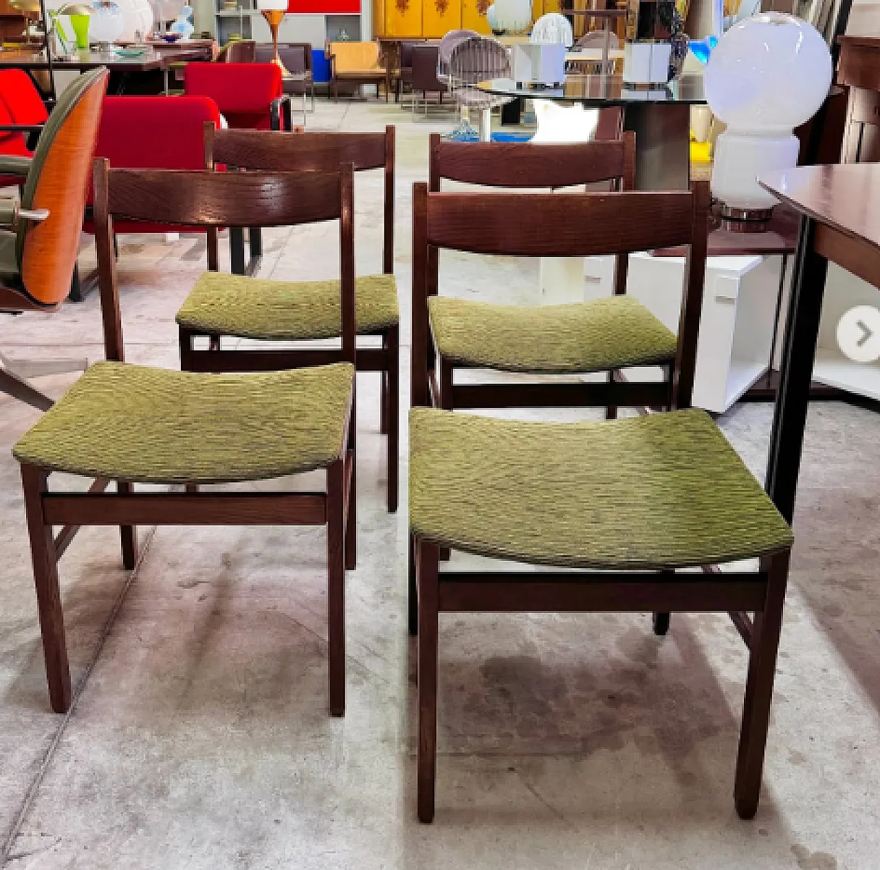 4 Sedie in legno e tessuto, anni '60 4