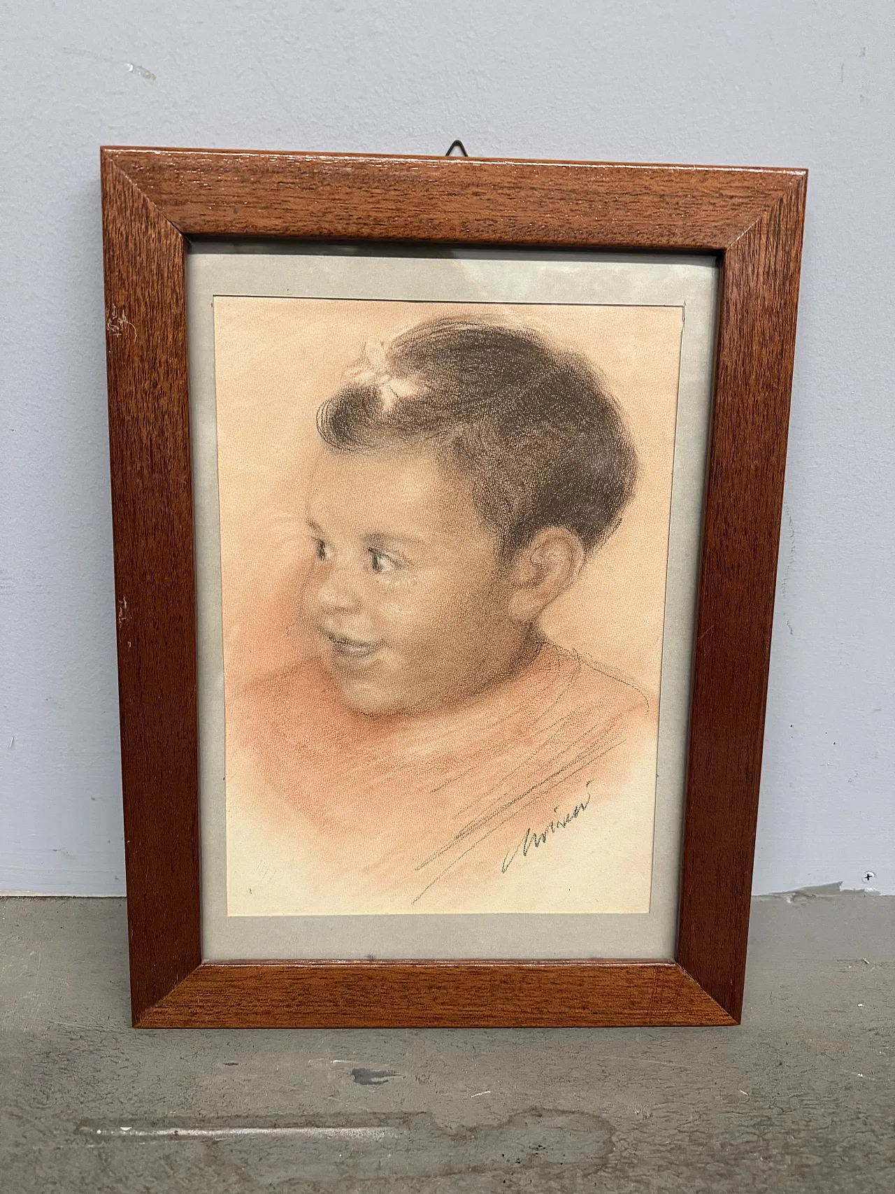 Disegno a matita, bambino, tecnica sanguigna, anni '50 1