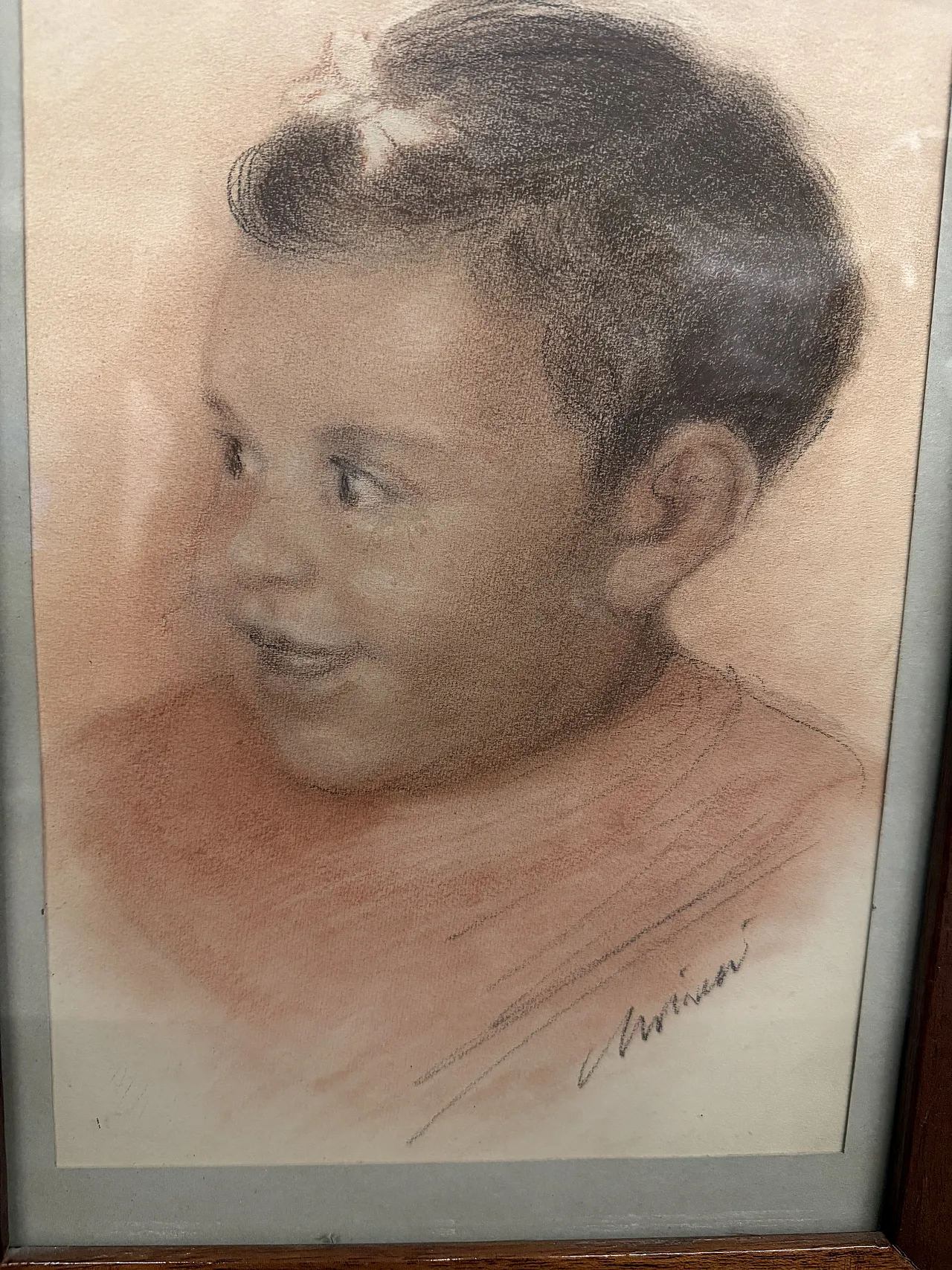 Disegno a matita, bambino, tecnica sanguigna, anni '50 2