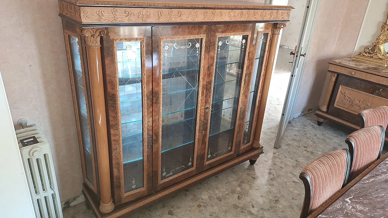 Showcase in carved wood and cut glass in eclectic style, 50s 2