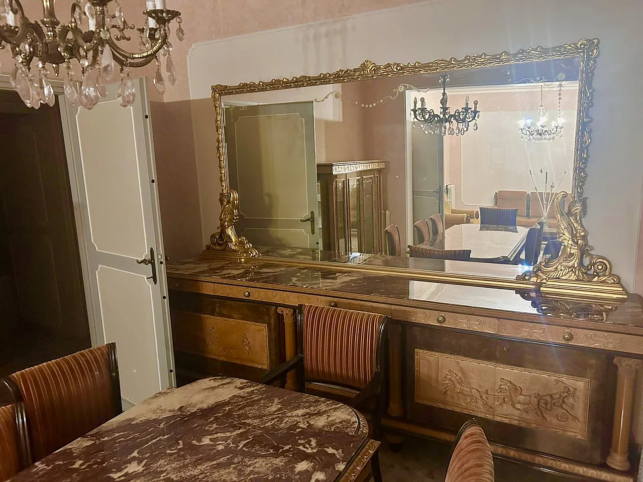 Large sideboard in carved walnut in eclectic style, 50s 2